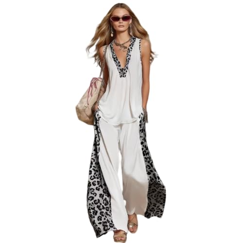 Conjunto de dos piezas fresco de leopardo contra el calor con pantalón ancho de mujer