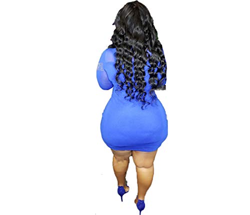 Image of IyMoo Womens Sexy Plus Size Long Sleeve Rhinestone Mesh See Through Bodycon Party Club Mini Dress Clubwear