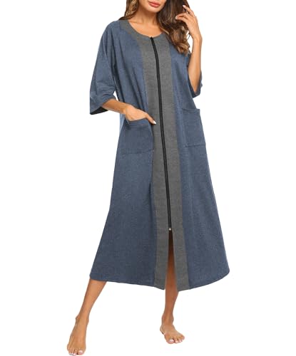 Product Image of the Ekouaer Women's Zipper Robe 3/4 Sleeve Housecoats Full Length House Dress Loungewear Long Nightgown with Pockets Blue,XX-Large