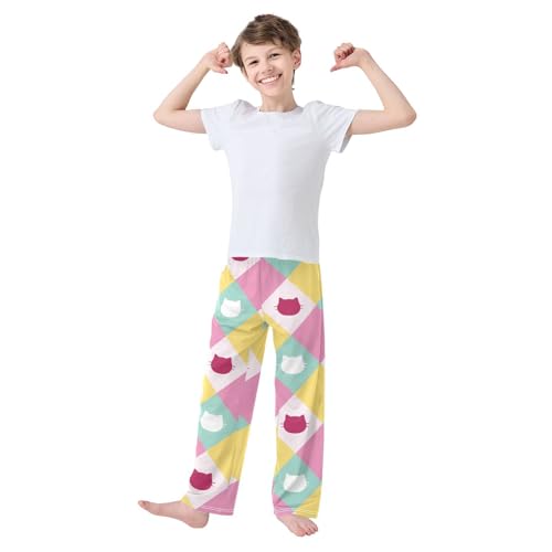 Cat on Plaid Boys Pants Boys Athletic Pants Long Pant for Boywith Pockets Wide-Leg Size 6-14Y3