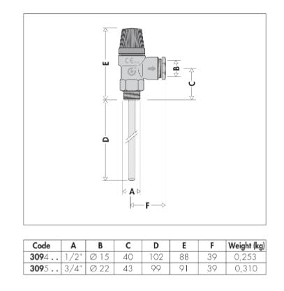 Valvola di sicurezza combinata temperatura e pressione per impianti solari 1/2" M (10 BAR)