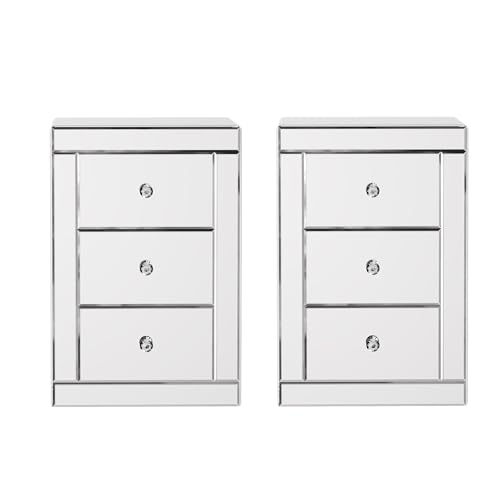 Sossiyule Set de 2 mesitas de noche con espejo de vidrio, mueble de almacenamiento con 3 cajones para dormitorio, sala de estar, oficina, 40 x 40 x 60 cm