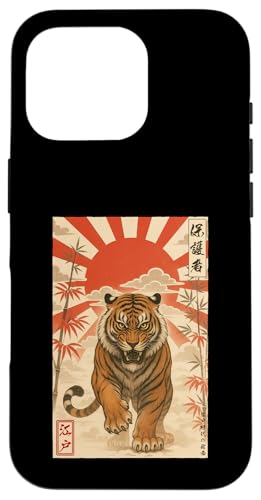 日本の伝統的 寅 太陽 木版画 浮世絵 スマホケース iPhone 16 Pro 用