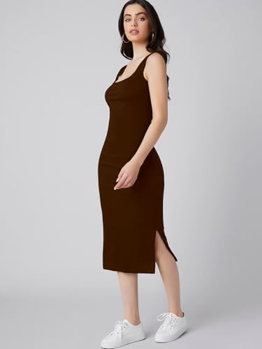 Image of Aahwan Royal Solid Bodycon Square Neck Midi Side Split Thigh Dress for Women's & Girl's