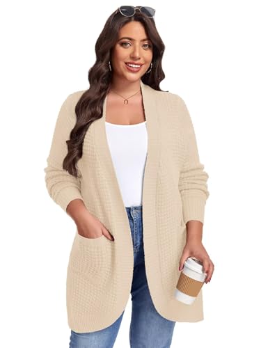 Image of LARACE Long Cardigans for Women Plus Size Tops Open Front Sweaters with Pockets Waffle Ribbed Sleeve Loose Fall Outwear