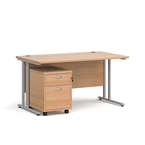 Mr Office Maestro 25 straight desk - with silver cantilever frame and 2 drawer pedestal bundle, Beech, 1400