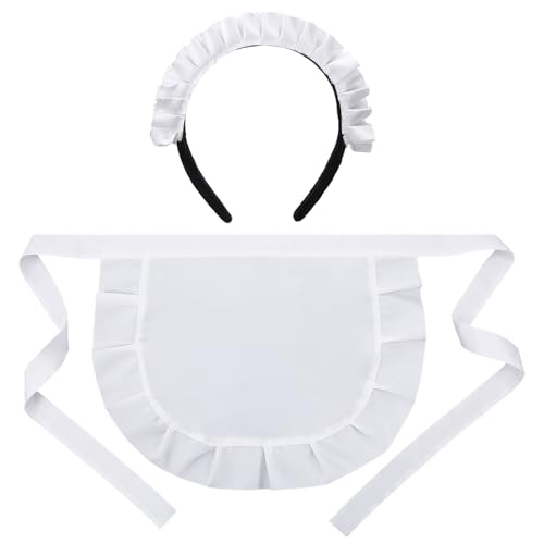 Trinkrittey Cosplay Waist Apron with French Headdress White Retro Frilly Adorable Maid Waitress Aprons Kitchen Costume Half Apron for Women