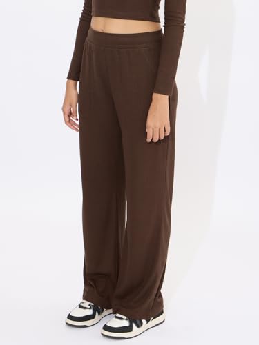 Image of The Souled Store Mocha Brown Solids Women and Girls Pull On Polyester Blend Regular Fit Ribbed Pants