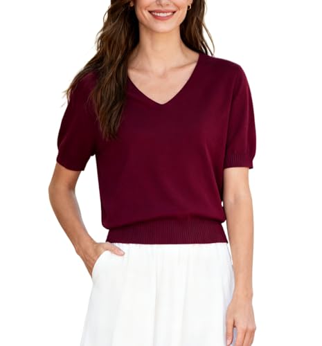 Image of SANGTREE Women's Short Sleeve Sweaters V Neck Casual Knit Pullover Tops | Perfect as a lightweight sweater for spring /summer or as a layering piece. Ideal for office, daily, holiday, home etc