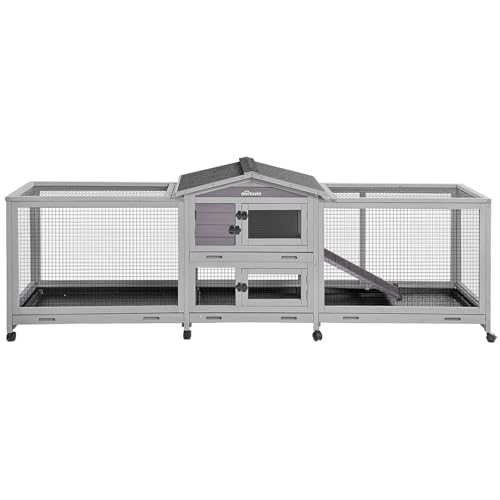 Aivituvin Rabbit Hutch 93.7' Large Rabbit Cage Indoor Outdoor Guinea Pig Cage Chicken Coop on Wheels Bunny Cage with 4 Deep No Leakage Pull Out Tray,Waterproof Roof