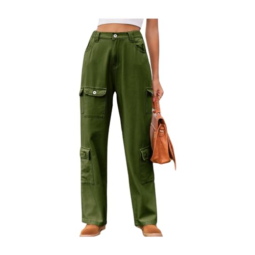Womens Cargo Jeans High Waisted Wide Leg Trousers 2024 Trendy Plus Size Denim Cargo Pants with Flap Pocket Y2K Streetwear Tactical Pants Army Green L
