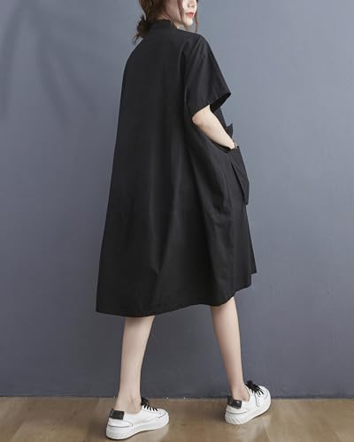 ellazhu Women's Dress Short Sleeve Button Down V-Neck Shirt Flowy Hem Pockets Spring Summer GA27444