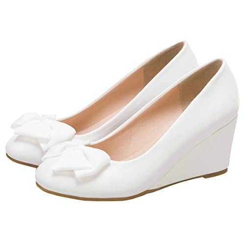 Trendenzy Women's Wedge Round Toe Pumps Sweet Bow High Heel Wedding Shoes