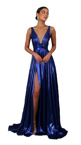 Fivsole Metallic Long Prom Dresses for Women 2024 with Slit Satin Ball Gown Saprkly Formal Evening Party Gowns