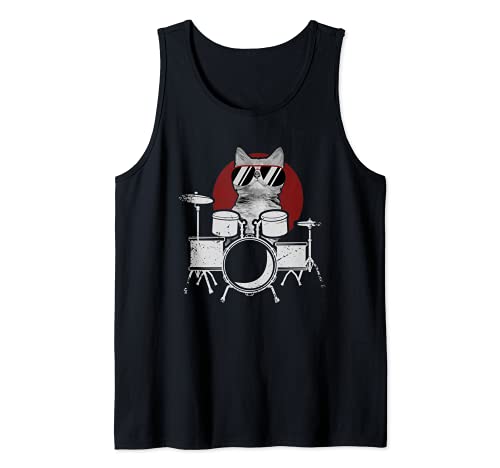 Punk Rockstar Kitten Kitty Cat Playing Drums I Drumming Cat Tank Top, Black
