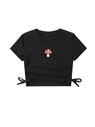 SHENHE Girl's Mushroom Print Short Sleev Crop Tops Ruched Drawstring Tee T Shirts