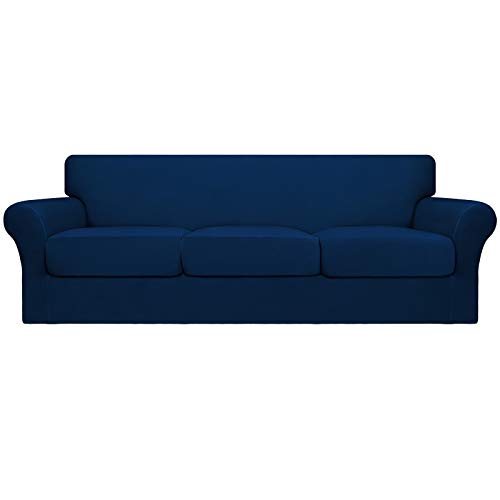 Image of Easy-Going 4 Pieces Oversized Stretch Couch Cover for Dogs Washable | Sectional Sofa Slipcover for 3 Separate Cushion Couch - Elastic Furniture Protector for Pets, Kids Navy