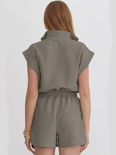 Image of Rompers for Women Summer Short Sleeve Half Zip Lapel Collar Jumpsuit Casual Drawstring One Piece Outfits with Pockets