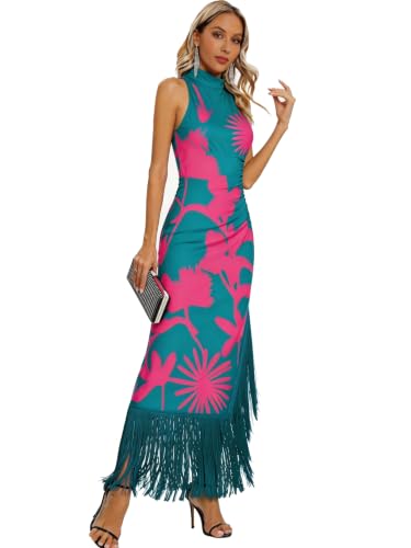 Image of Aigeman Women Vintage Flapper Dresses 1920s Great Gatsby Halter Fringed Maxi Dress Tassels High Split Formal Dress 19