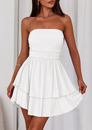 Image of PRETTYGARDEN Women's 2026 Summer Strapless Tube Mini Dress Off Shoulder Smocked Ruffle A Line Flowy Short Party Club Dresses