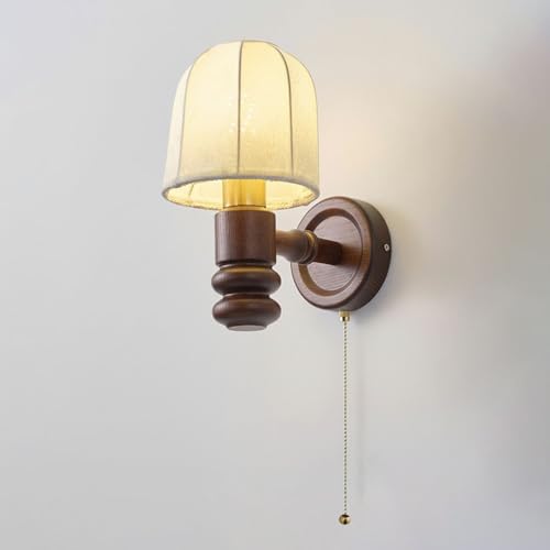 Mid-Century Vintage Walnut Ash Wood Fabric Wall Sconce Floral Shade