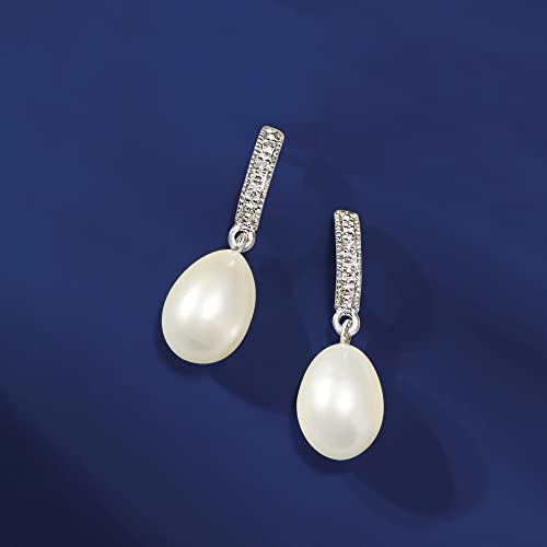 Image of Ross-Simons 8-9mm Cultured Pearl Dangle Earrings With Diamond Accents in Sterling Silver