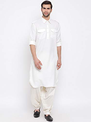 Image of VASTRAMAY Men's Cotton Blend Pathani Kurta Set || Stylish Pathani Style Kurta with Roll Up Sleeves and Relaxed Fit Patiala Salwar