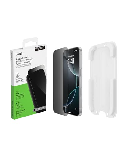 Belkin ScreenForce InvisiGlass Privacy Screen Protector for iPhone 17/16 Pro, Scratch-Resistant Impact Protection w/Included Easy Align Tray for Bubble Free Application - Made with Recycled Glass