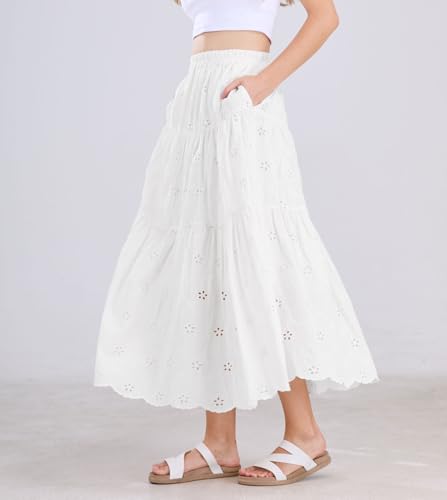 chouyatou Women's Lace Embroidery Eyelet Boho Skirt High Elastic Waisted Flowy Swing Midi Long Skirt4
