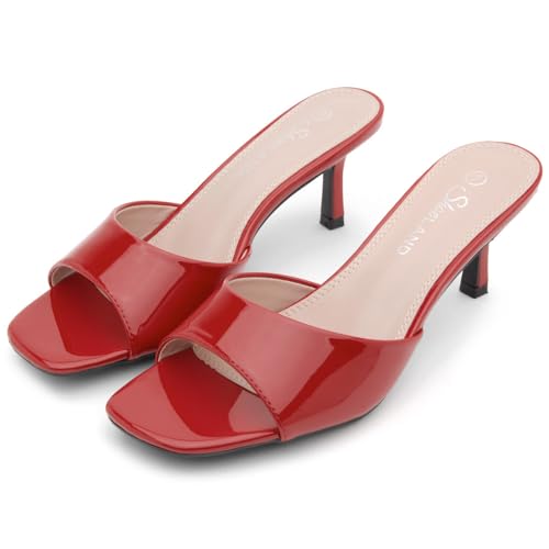 Image of Shoe Land Women's Low Heels Stiletto Heeled Slides, Open Toe One Band Slip-On Heeled Mules - Dressy Heeled Sandals for Prom, Party Wedding and Vacation