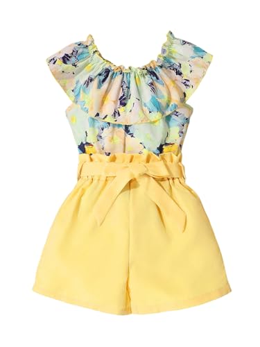Image of GORGLITTER Girl's Summer Outfits Sleeveless Floral Ruffle Blouse Top and Bow Tie Front Paperbag Shorts Sets