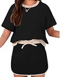 Arshiner Girls Two Piece Outfits Fashion Summer Clothes Short Sleeve Drop Shoulder Tops and Skirts Clothing Set Black 7-8Y