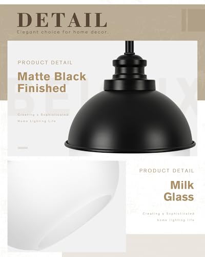 Image of Beionxii 7.3-Inch Black Pendant Light Fixture, Milk Glass Globe, Adjustable