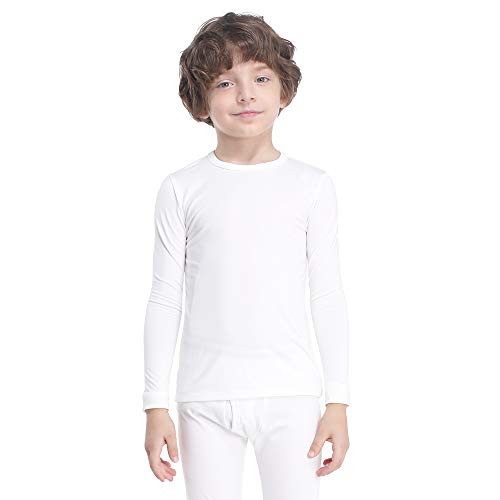 Subuteay Boys Thermal Top Fleece Lined Long Johns Long Sleeve Undershirts Baselayer for Kids White Large