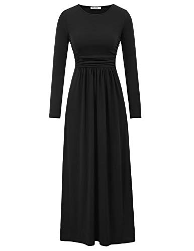 Women Long Sleeve Casual Maxi Long Dress with Pockets Size M,Black