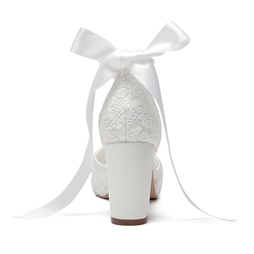 Image of Lace Pearl Wedding Shoes for Bride High Heel Bridal Shoes Peep Toe Platform Wedding Heels
