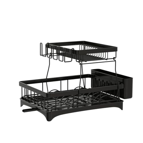 HERJOY Carbon Steel Dish Drying Rack - 2 Tier Dish Drying Rack and Drainboard for Apartment Kitchen Counter, Large Capacity Dish Drainer Organizer Kitchen Rack with Utensil Holder and Cup Rack, Black