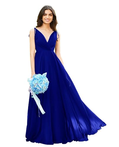 Image of HSFIYAKJ Bridesmaid Dresses Long Chiffon Formal Dress Open Back V Neck Evening Prom Gown for Women with Pockets