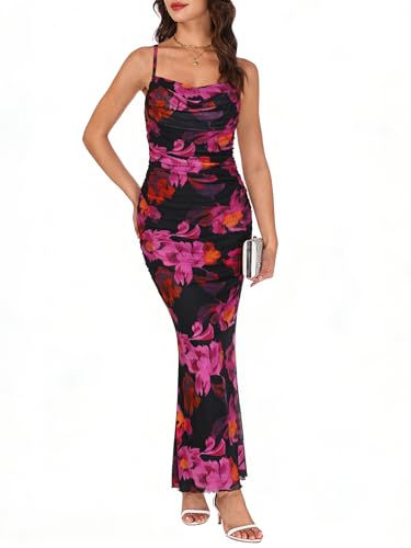 COCCKO Women's Floral Mesh Midi Dress, Spring 2026 Spaghetti Strap Ruched Bodycon Sundress for Wedding Guest & Tea Party Rose Red — view 6