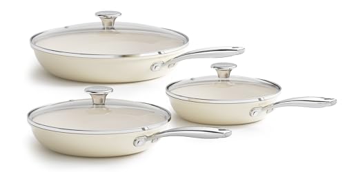 Redchef Pfannenset Keramik Induktion 6-teiliges, Antihaft Bratpfannen 20 24 28 cm mit Deckel für alle Herdarten, Edelstahlgriff, PTFE-frei PFAS-frei PFOA-frei, Backofenfest, Spülmaschinenfest (beige)