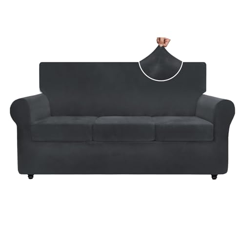 ZNSAYOTX Luxury Velvet Couch Cover 4 Piece (72"-92") Stretch Sofa Covers for 3 Cushion Couch Thick Soft Sofa Slipcover with Non Slip Strap, Dog Pet Friendly Nice Furniture Protector (Black)