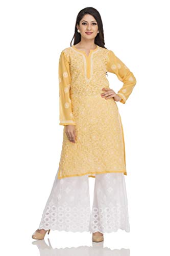 Image of Ada Lucknow Chikankari Hand Embroidered Faux Georgette Kurta Kurti Tunic Dress for Women A95504
