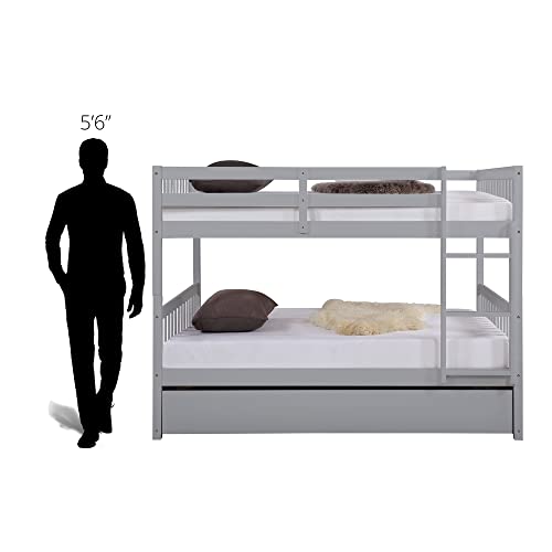 Full Over Full Bunk Bed With Trundle, Convertible To 2 Full Size Platform Bed, Wood Full Over Bunk Bed Frame With Built-In Ladder And Safety Guard Rails For Kids Boys Girls Teens, Gray #TOP3