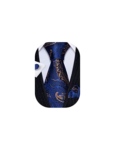 YOHOWA Men Paisley Tie Silk Royal Blue Gold Necktie with Handkerchief Cufflinks Formal Wedding Business