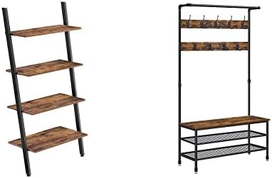 VASAGLE 4-Tier Ladder Shelf, Leaning Against The Wall, Rustic Brown and Black ULLS43BX & 3-in-1 Entryway Hall Tree with 9 Hooks, Rustic Brown and Black UHSR47BX