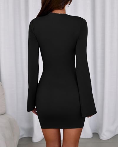 BTFBM Fall Dresses for Women 2025 Fashion Bodycon Bell Long Sleeve Mock Neck Party Club Outfits Going Out Mini Dress3