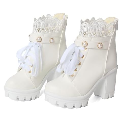 FOREADA White Platform Boots Goth Booties Combat Chunky Heel Boot Lace Lolita Dress Rave Bootie With Zipper Cover