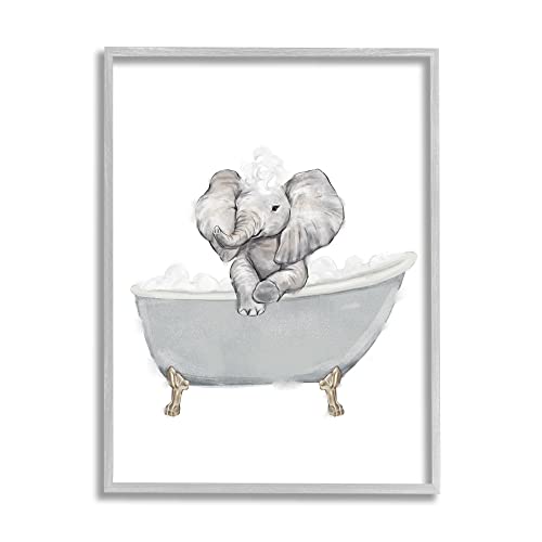 Image of 'Baby Elephant Bubble Claw Bathtub Safari'| Framed Giclee Art | Stupell Industries | Gray, 11 x 14 Inches, Easy to Hang and Sturdy, Made in USA, by Ziwei Li