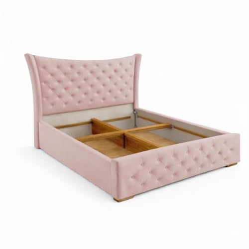Image of Luxury King Size Upholstered Storage Bed with Diamond Tufted Padded Headboard | Premium Velvet Fabric Platform Bed Frame | Solid Wood Structure | Modern Bedroom Furniture | Pink