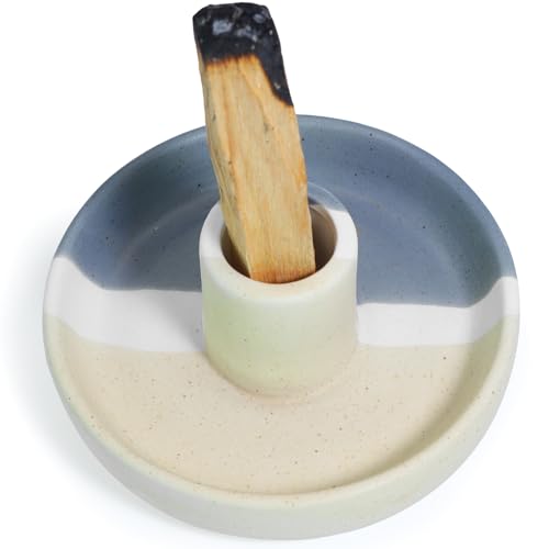 BEYLAB Soporte para incienso Palo Santo, varilla, madera ahumada, meditación, yoga, quemador, cuenco cenicero, moderno, minimalista, beige azul